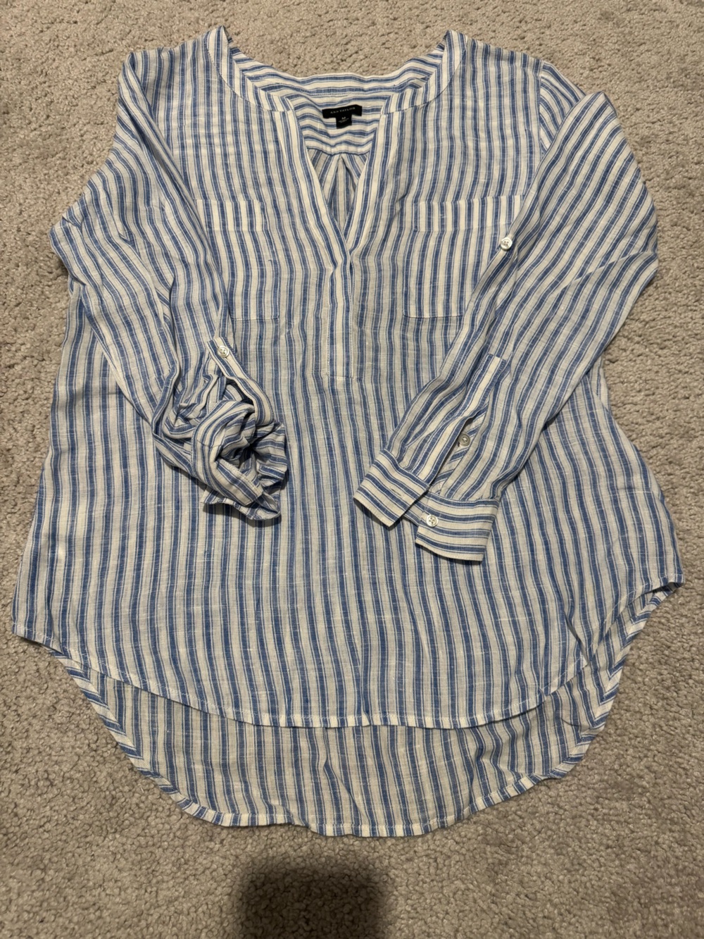 Ann Taylor Blue and White Striped Button-Down Shirt